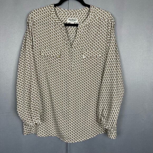 Women's Norm Thompson Petite Tan Cream Gold Print V Neck Blouse Stretch Sz PL - Picture 1 of 7